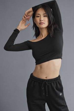 Alo Yoga Asymmetric Sheer Glow Naisten Pitkähihainen Mustat | Suomi 0182-ZOYFB