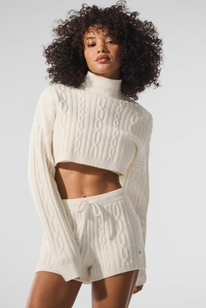 Alo Yoga Cable Knit Cropped Winter Bliss Turtleneck Naisten Pitkähihainen Ivory | Suomi 3104-FBZNY