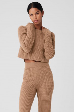 Alo Yoga Cashmere Plush Waffle Cropped Naisten Pitkähihainen Toasted Almond | Suomi 8097-YXNTU