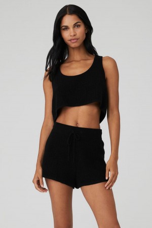 Alo Yoga Cashmere Plush Waffle Cropped Naisten Juoksupaidat Mustat | Suomi 2495-IAMSV