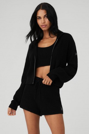 Alo Yoga Cashmere Plush Waffle Full Zip Naisten Huppari Mustat | Suomi 6510-ORGAU