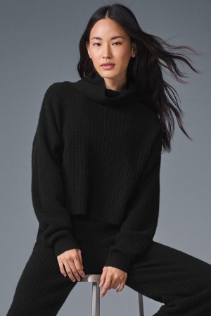 Alo Yoga Cashmere Plush Waffle Turtleneck Naisten Villapusero Mustat | Suomi 6208-DNWVL