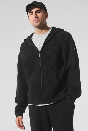 Alo Yoga Domain Rib Knit Full Zip Miesten Neulepuserot Mustat | Suomi 6731-TLGRJ