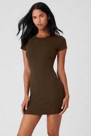 Alo Yoga Goddess Ribbed Short Sleeve Naisten Mekko Espresso | Suomi 1352-ZWUEB