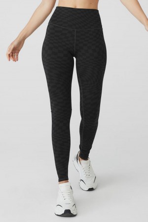 Alo Yoga Jacquard High-Waist Checkered Naisten Leggings Mustat | Suomi 8539-HFOPL