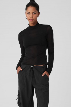 Alo Yoga Mesh Sheer Illusion Mock Neck Naisten Pitkähihainen Mustat | Suomi 4790-OBINK
