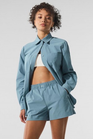Alo Yoga Pinstripe Daylight Button Down Naisten Pitkähihainen Tummansininen Valkoinen | Suomi 2785-OHVNJ