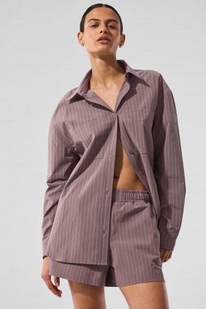Alo Yoga Pinstripe Daylight Button Down Naisten Pitkähihainen Mushroom / Ivory | Suomi 8201-BMASJ