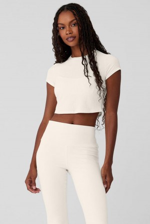 Alo Yoga Ribbed Sea Coast Cropped Sleeve Naisten Juoksupaidat Ivory | Suomi 0843-ZDKHX