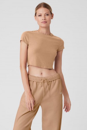 Alo Yoga Ribbed Sea Coast Cropped Sleeve Naisten Juoksupaidat Toasted Almond | Suomi 6137-LRGJE