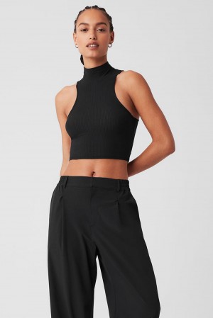 Alo Yoga Ribbed Sea Coast Cropped Turtleneck Naisten Juoksupaidat Mustat | Suomi 8015-OUNAB