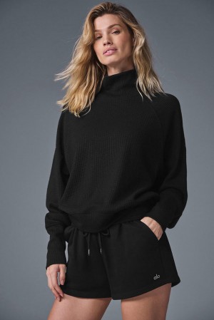 Alo Yoga Waffle Weekend Escape Mock Neck Naisten Pitkähihainen Mustat | Suomi 3548-CVNTY