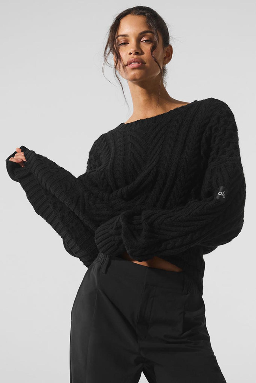 Alo Yoga Cable Knit Crew Neck Naisten Neulepuserot Mustat | Suomi  4893-PGZBV