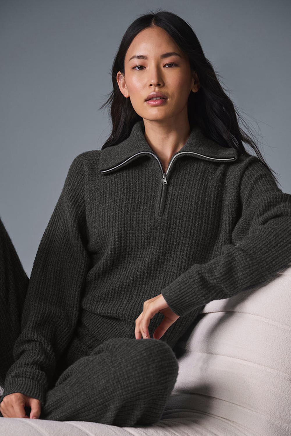 Alo Yoga Cashmere Plush Waffle 1/4 Zip Naisten Villapusero Tummanharmaat | Suomi  0574-NHQKB