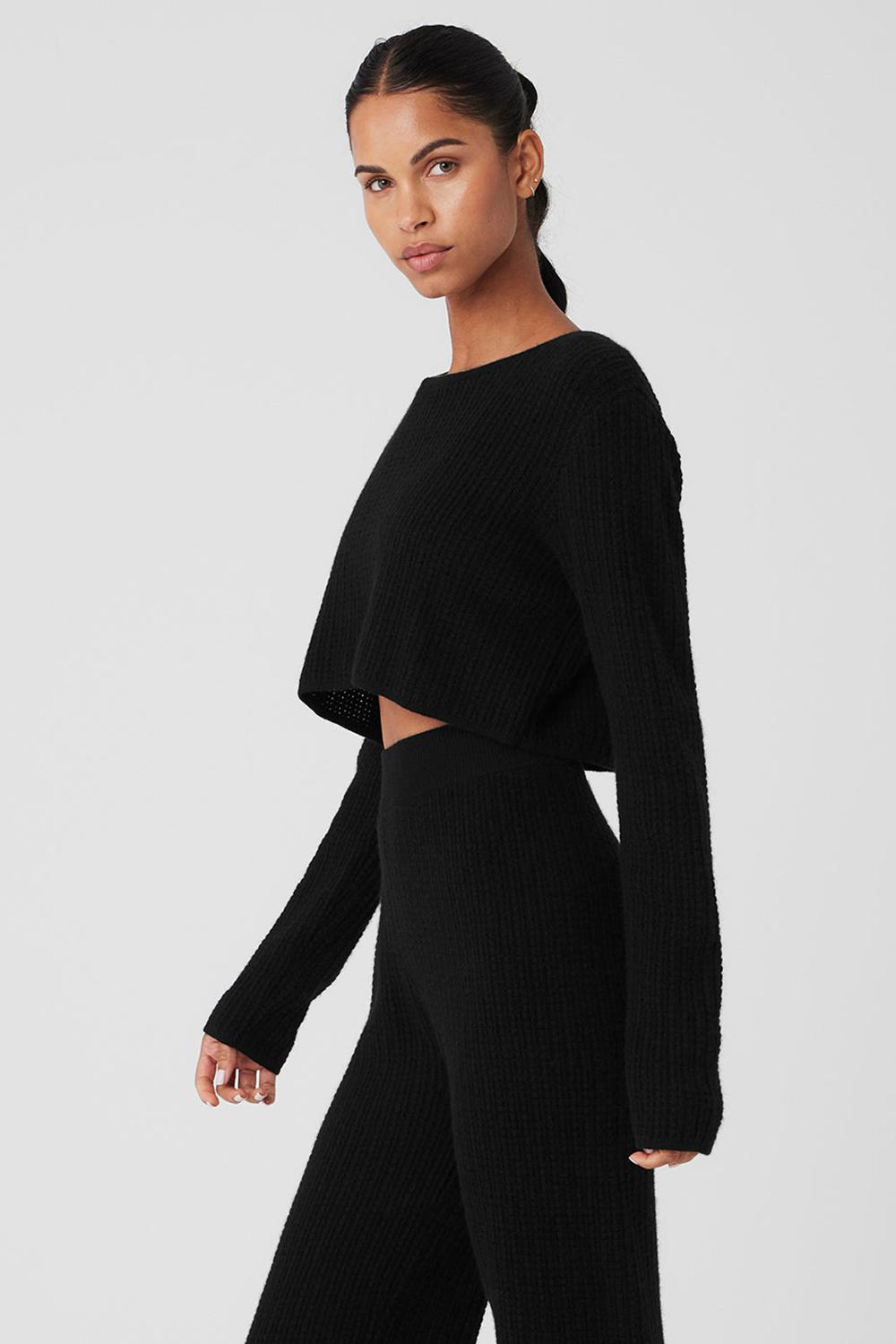 Alo Yoga Cashmere Plush Waffle Cropped Naisten Pitkähihainen Mustat | Suomi  5386-TVLYG