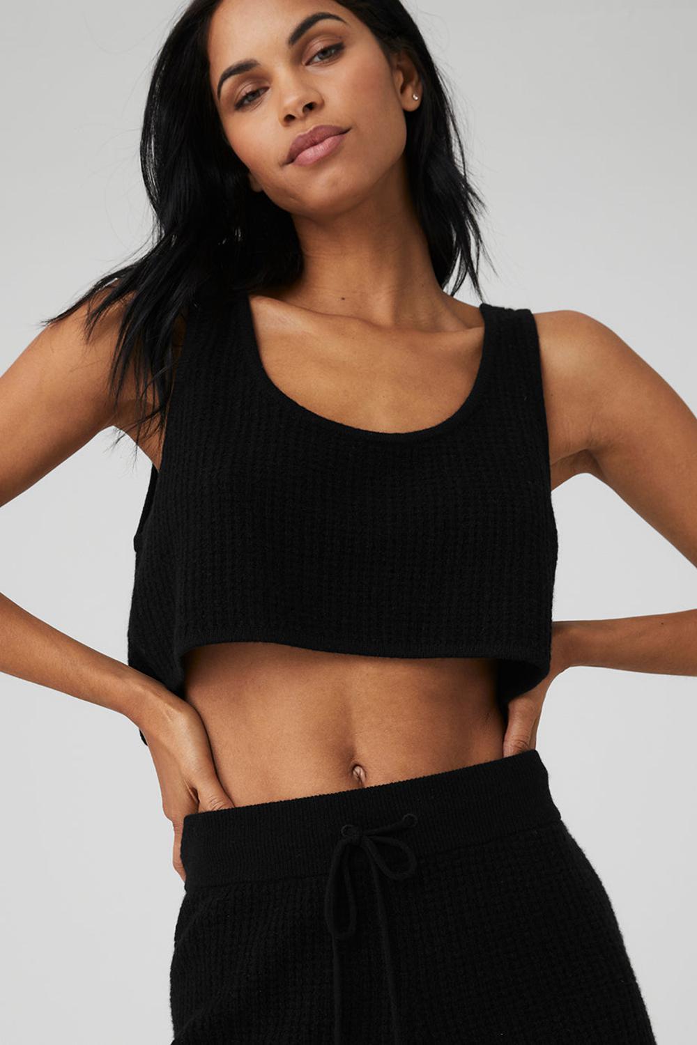 Alo Yoga Cashmere Plush Waffle Cropped Naisten Juoksupaidat Mustat | Suomi  2495-IAMSV
