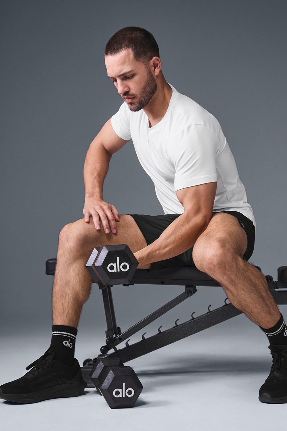 Alo Yoga Conquer Reform Crewneck Miesten Short Sleeve Valkoinen | Suomi  5630-EXLUZ