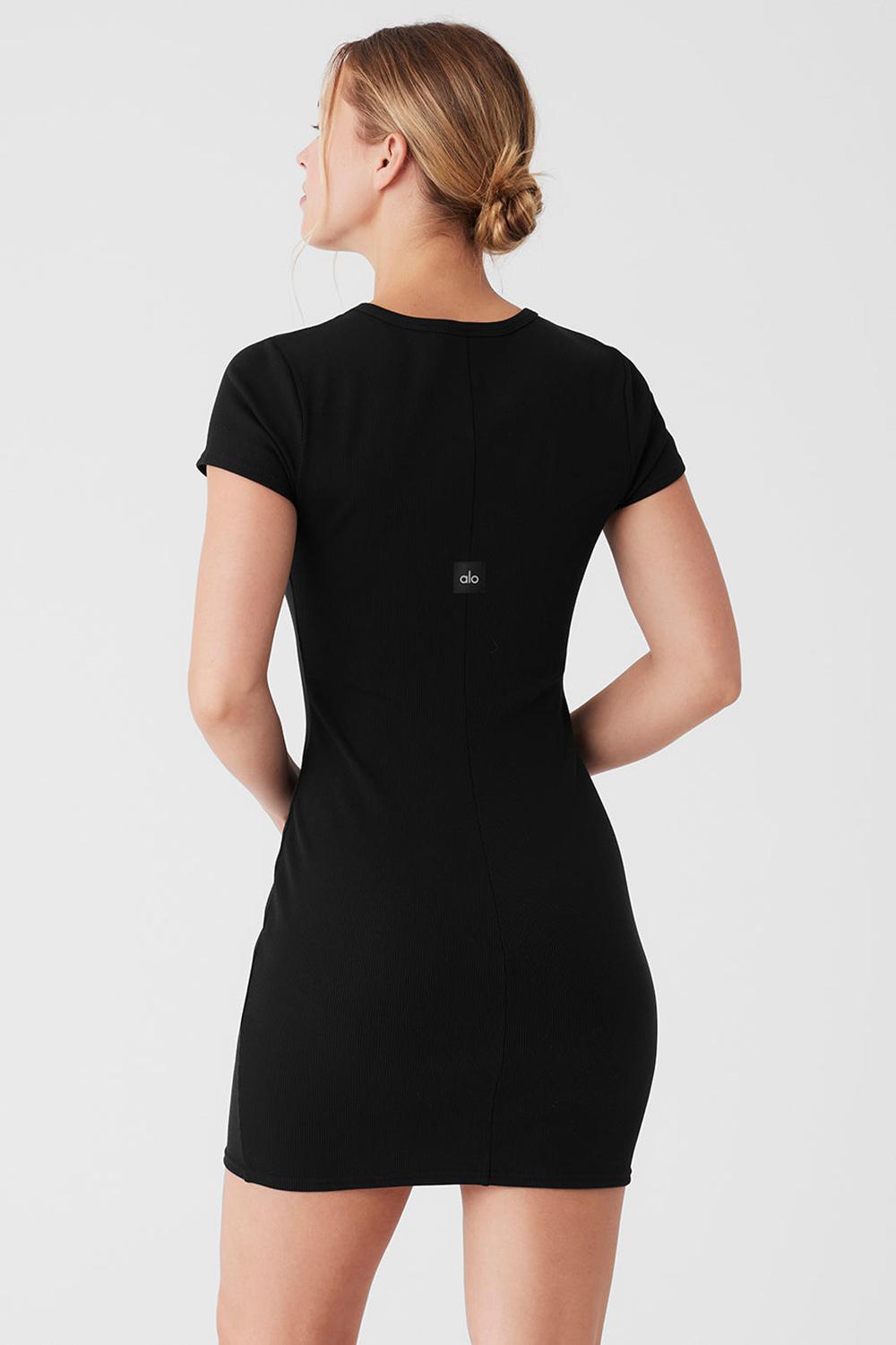 Alo Yoga Goddess Ribbed Short Sleeve Naisten Mekko Mustat | Suomi  8327-UPRVI