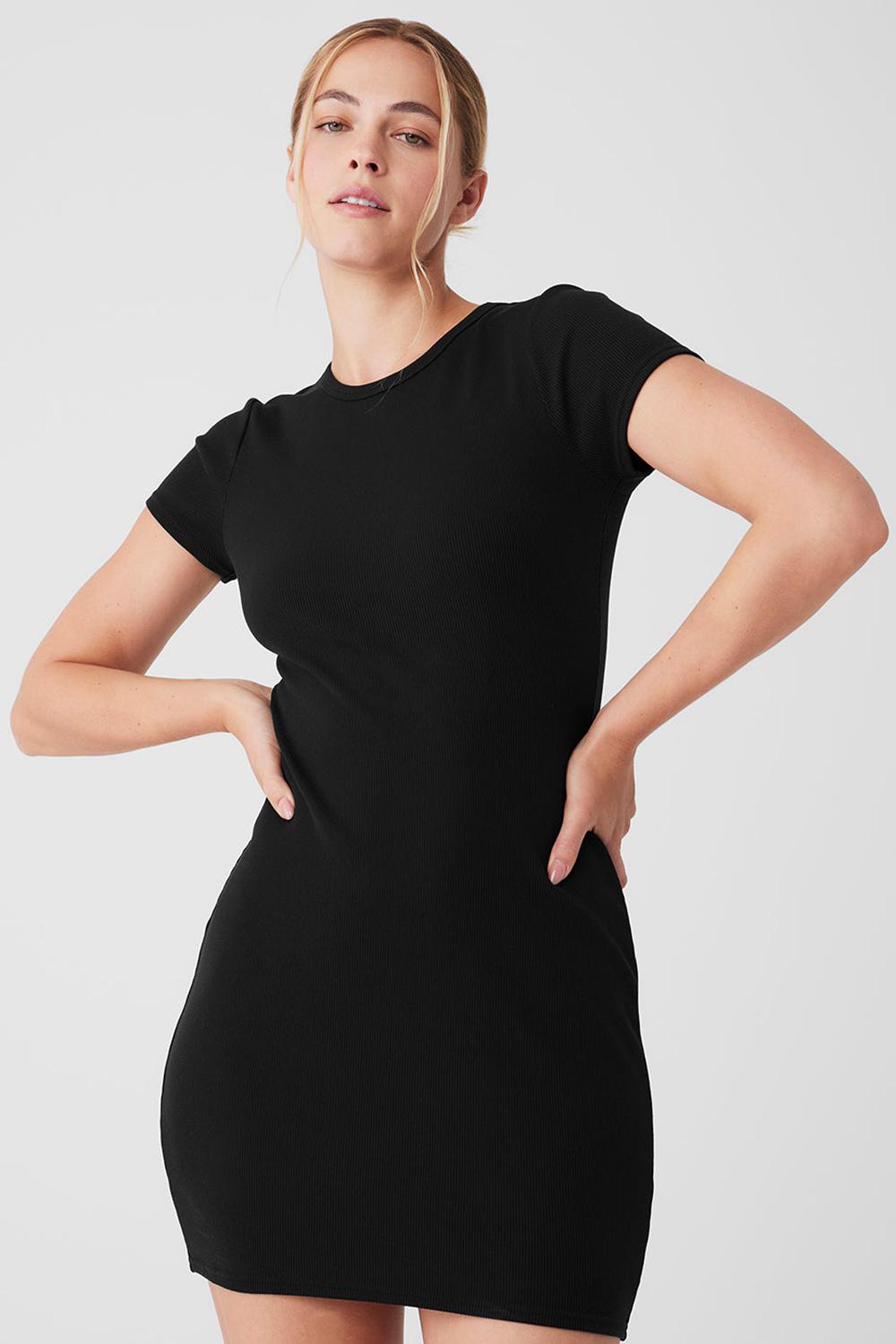 Alo Yoga Goddess Ribbed Short Sleeve Naisten Mekko Mustat | Suomi  8327-UPRVI