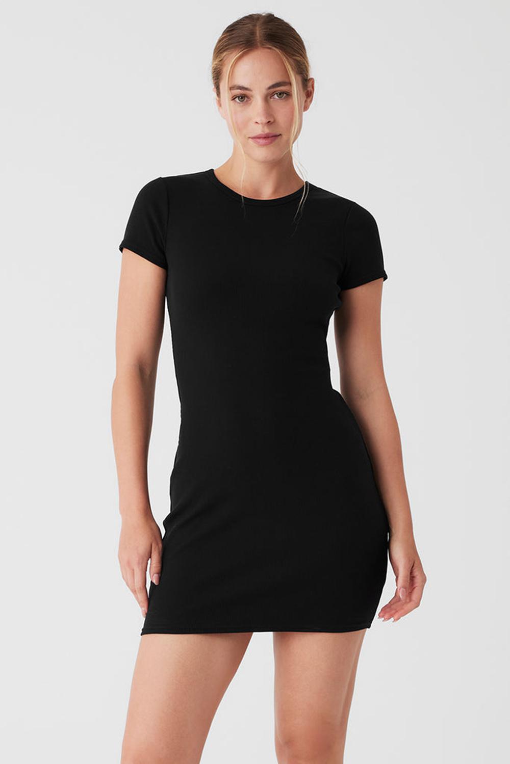 Alo Yoga Goddess Ribbed Short Sleeve Naisten Mekko Mustat | Suomi  8327-UPRVI