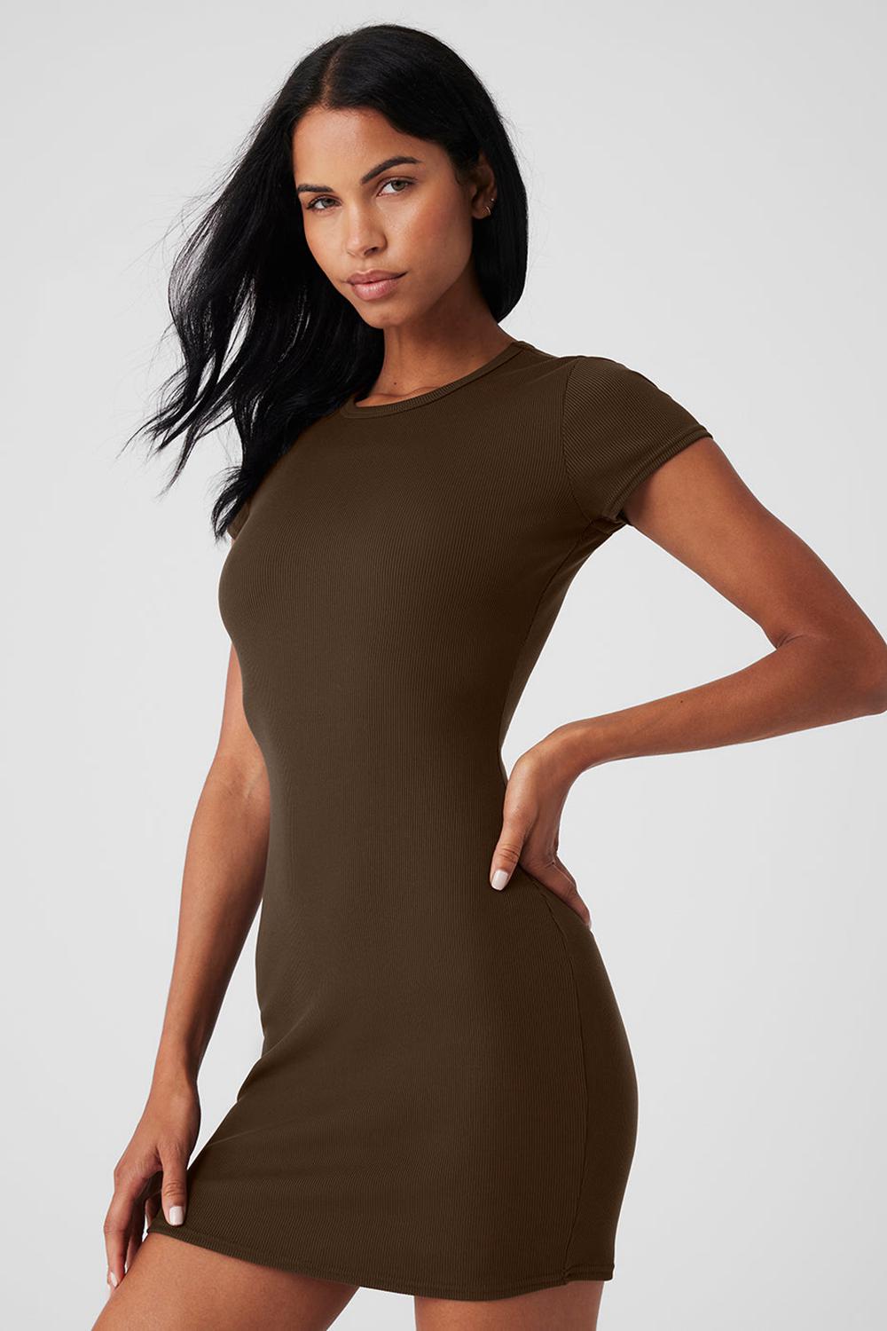 Alo Yoga Goddess Ribbed Short Sleeve Naisten Mekko Espresso | Suomi  1352-ZWUEB