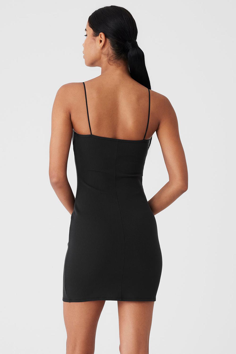 Alo Yoga Goddess Ribbed Spaghetti Strap Naisten Mekko Mustat | Suomi  5689-FZNGO