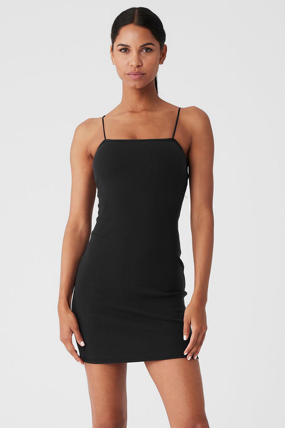Alo Yoga Goddess Ribbed Spaghetti Strap Naisten Mekko Mustat | Suomi  5689-FZNGO