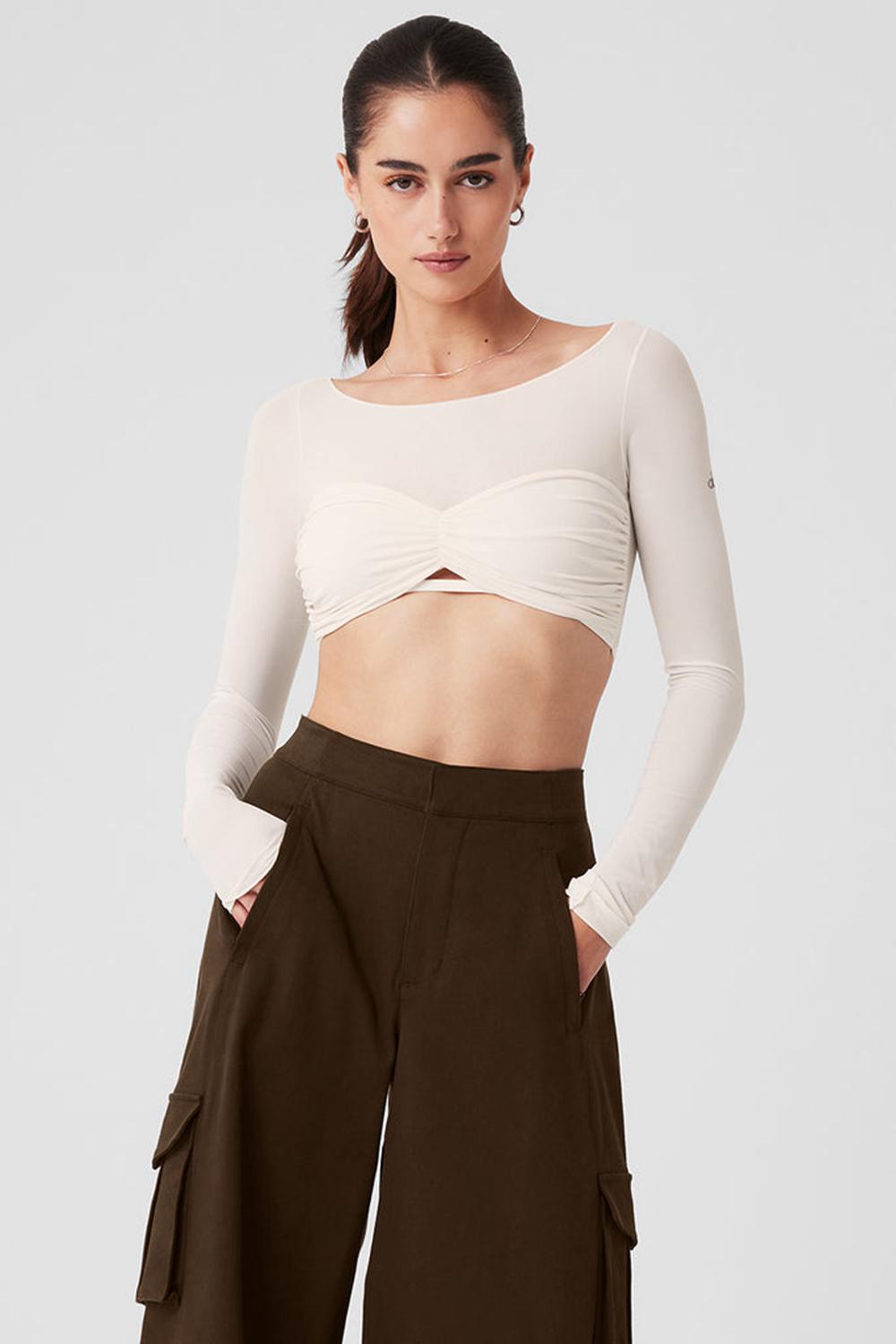 Alo Yoga Mesh Sheer Illusion Cropped Naisten Pitkähihainen Ivory | Suomi  8235-NMAIV