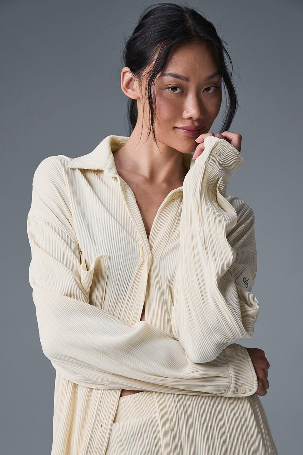 Alo Yoga Micro Plisse Shirt Naisten Mekko Oat Milk | Suomi  4108-PFATJ