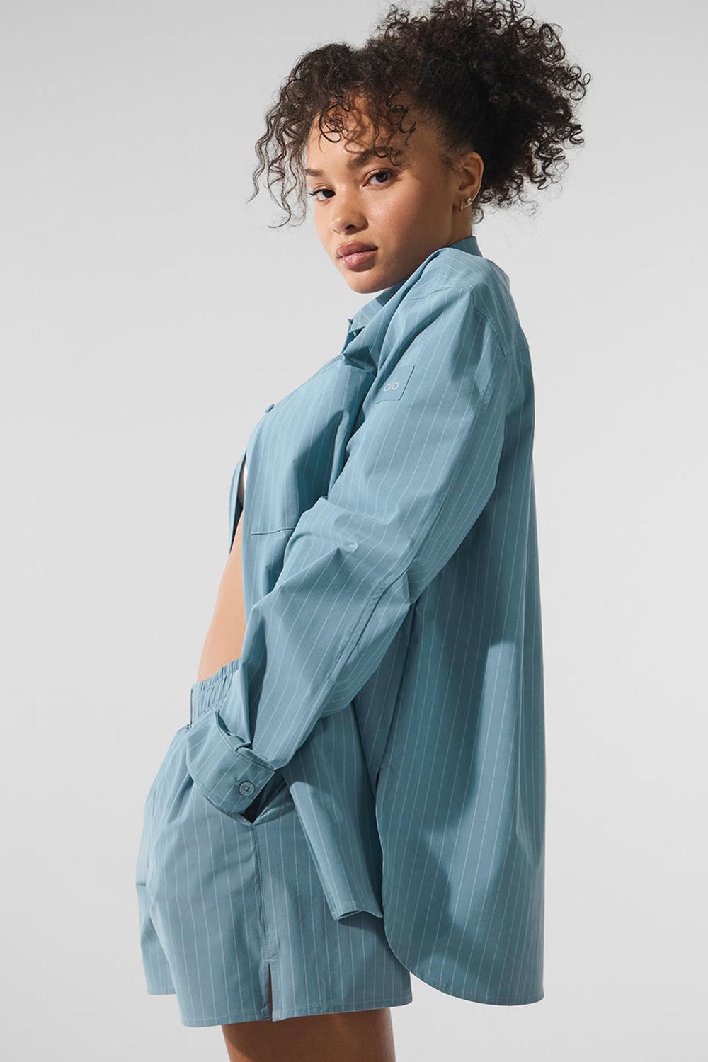 Alo Yoga Pinstripe Daylight Button Down Naisten Pitkähihainen Tummansininen Valkoinen | Suomi  2785-OHVNJ
