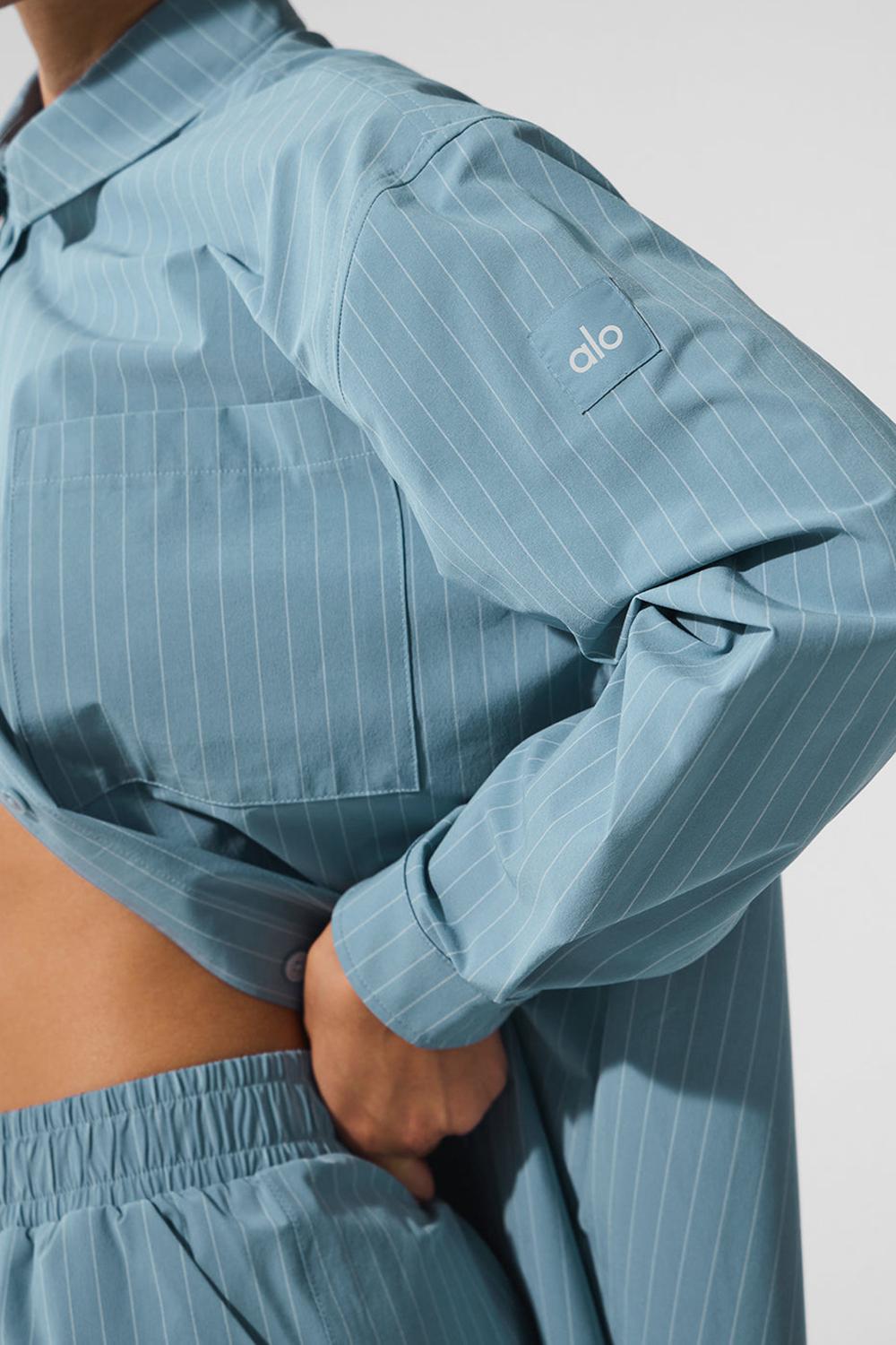Alo Yoga Pinstripe Daylight Button Down Naisten Pitkähihainen Tummansininen Valkoinen | Suomi  2785-OHVNJ