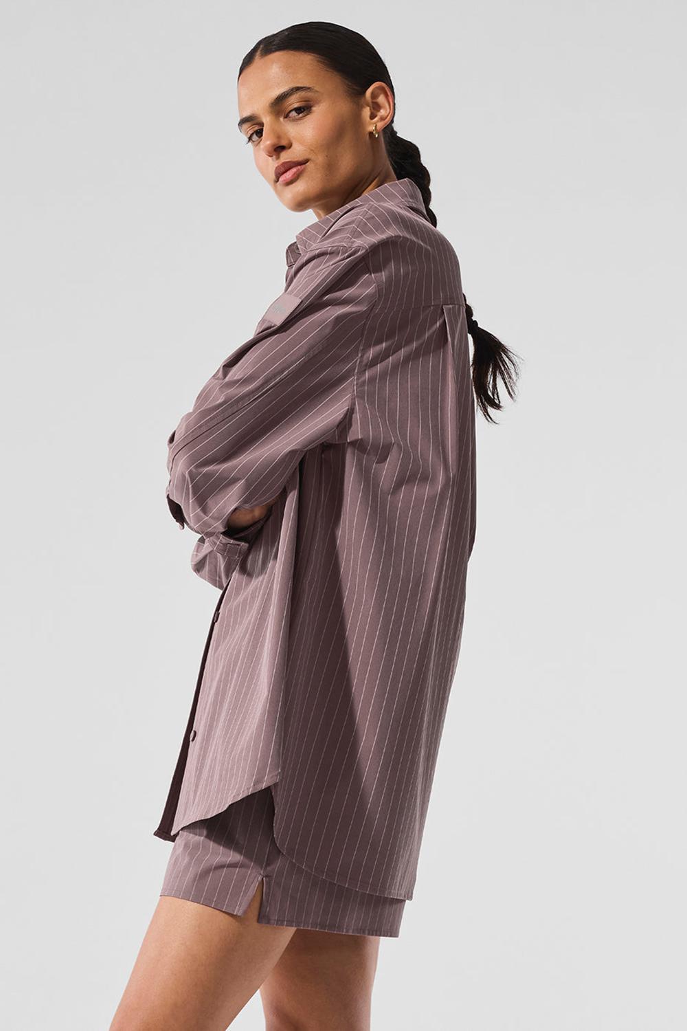 Alo Yoga Pinstripe Daylight Button Down Naisten Pitkähihainen Mushroom / Ivory | Suomi  8201-BMASJ
