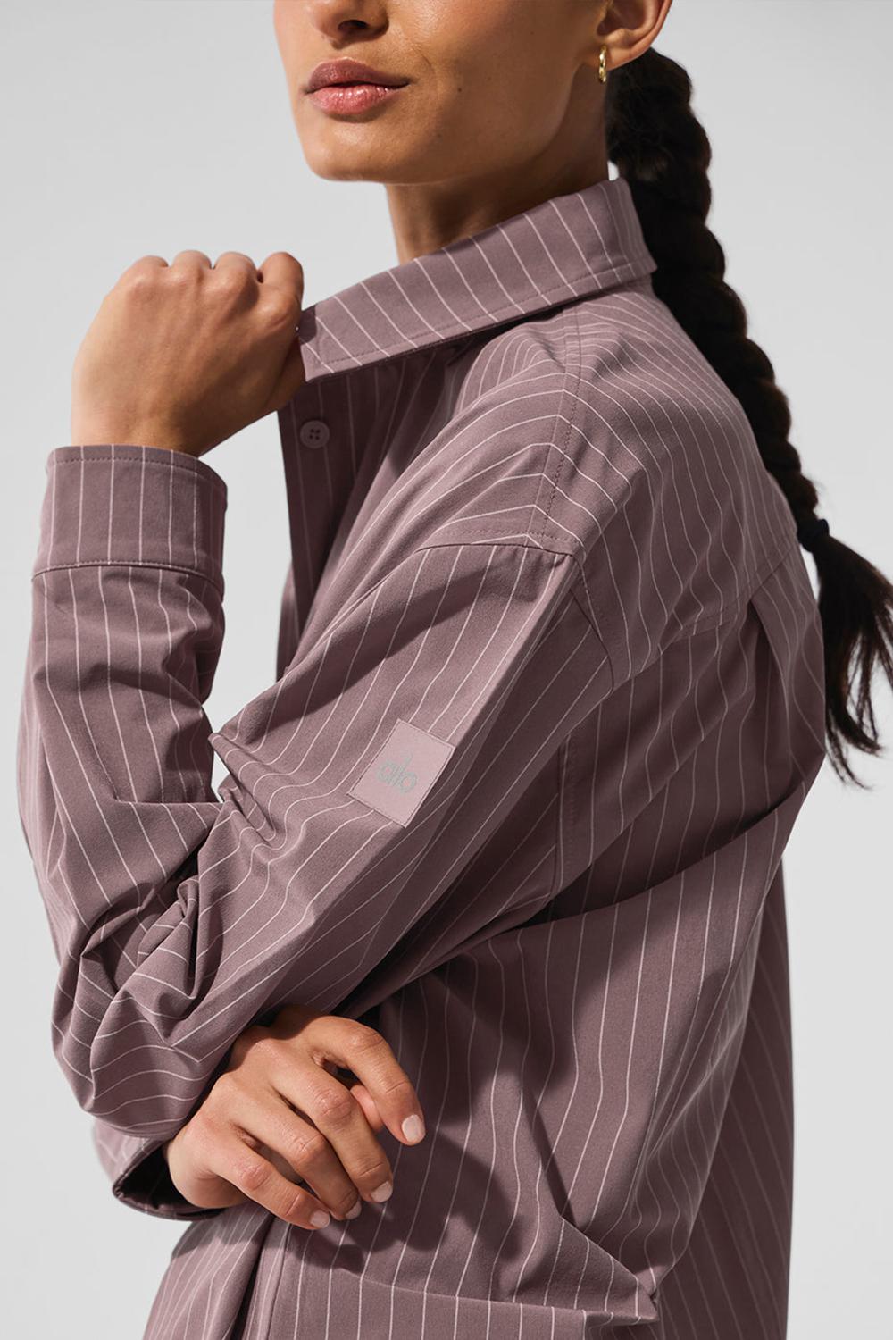 Alo Yoga Pinstripe Daylight Button Down Naisten Pitkähihainen Mushroom / Ivory | Suomi  8201-BMASJ