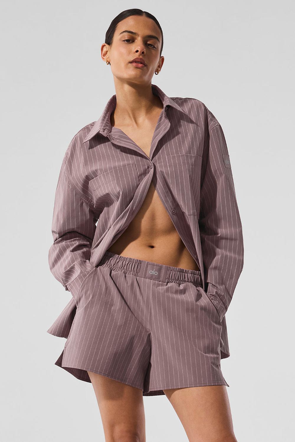 Alo Yoga Pinstripe Daylight Button Down Naisten Pitkähihainen Mushroom / Ivory | Suomi  8201-BMASJ