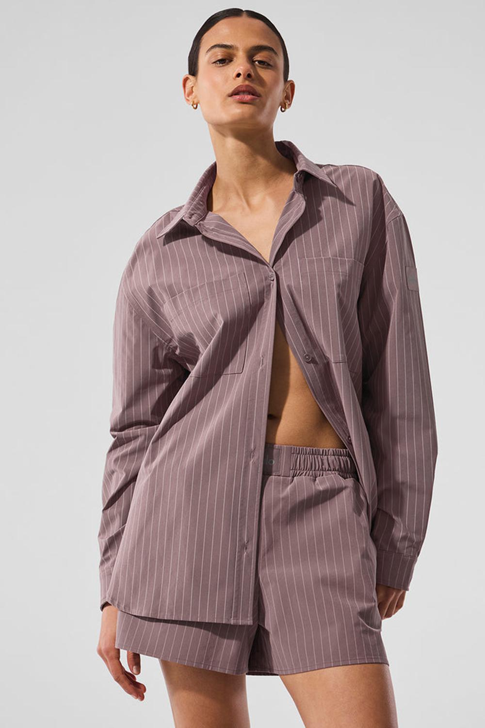 Alo Yoga Pinstripe Daylight Button Down Naisten Pitkähihainen Mushroom / Ivory | Suomi  8201-BMASJ