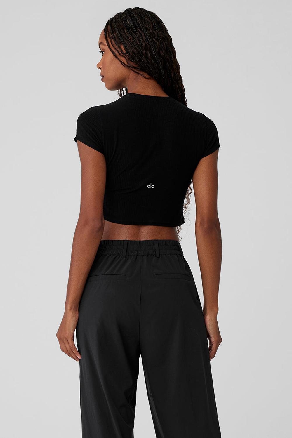 Alo Yoga Ribbed Sea Coast Cropped Sleeve Naisten Juoksupaidat Mustat | Suomi  2986-EZFYJ