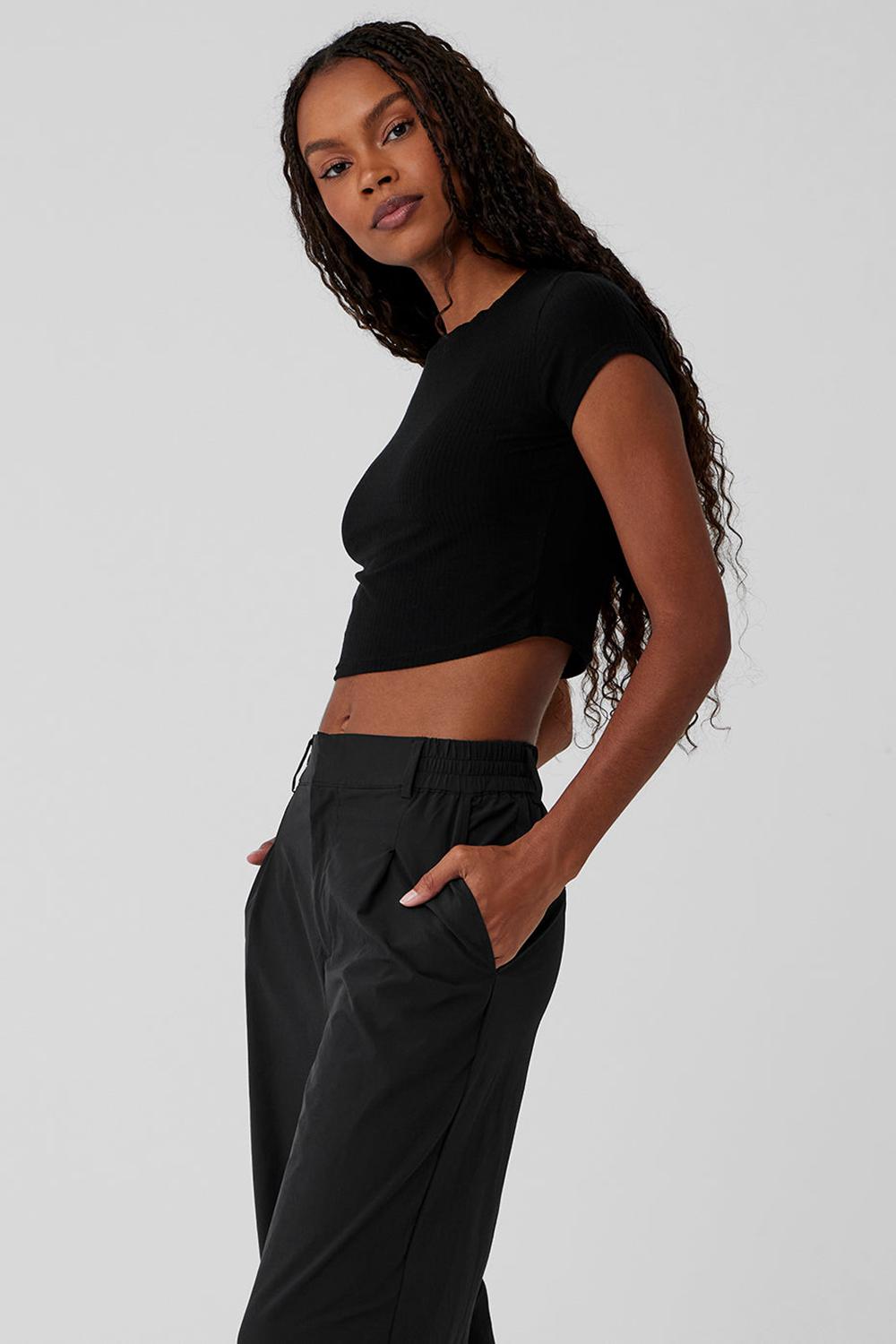 Alo Yoga Ribbed Sea Coast Cropped Sleeve Naisten Juoksupaidat Mustat | Suomi  2986-EZFYJ