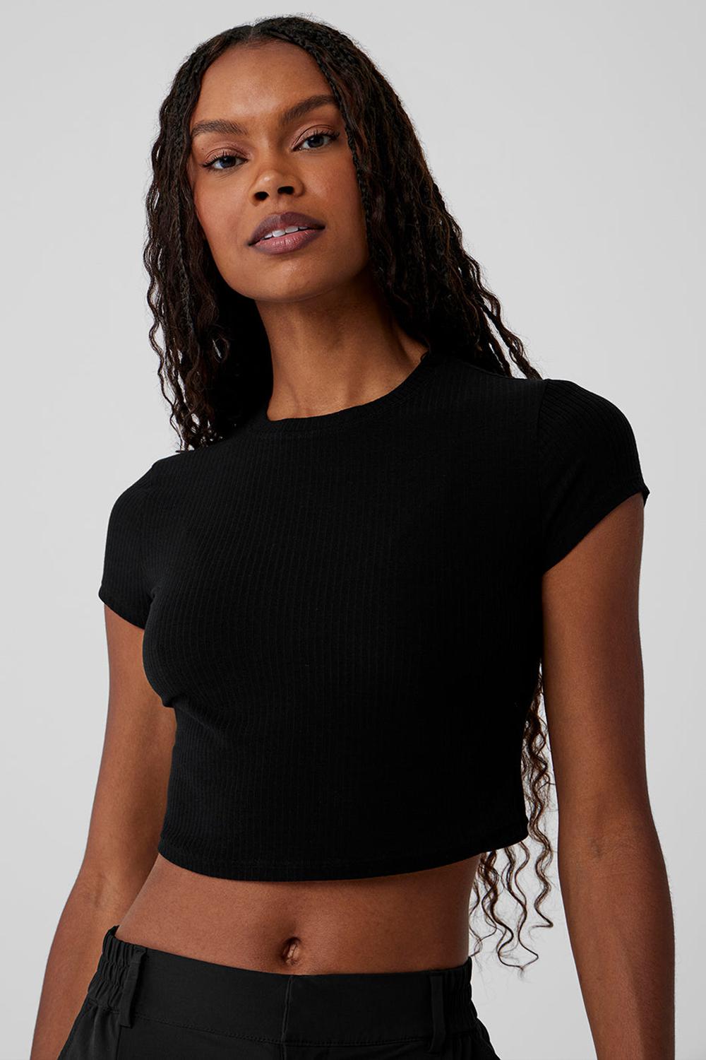 Alo Yoga Ribbed Sea Coast Cropped Sleeve Naisten Juoksupaidat Mustat | Suomi  2986-EZFYJ