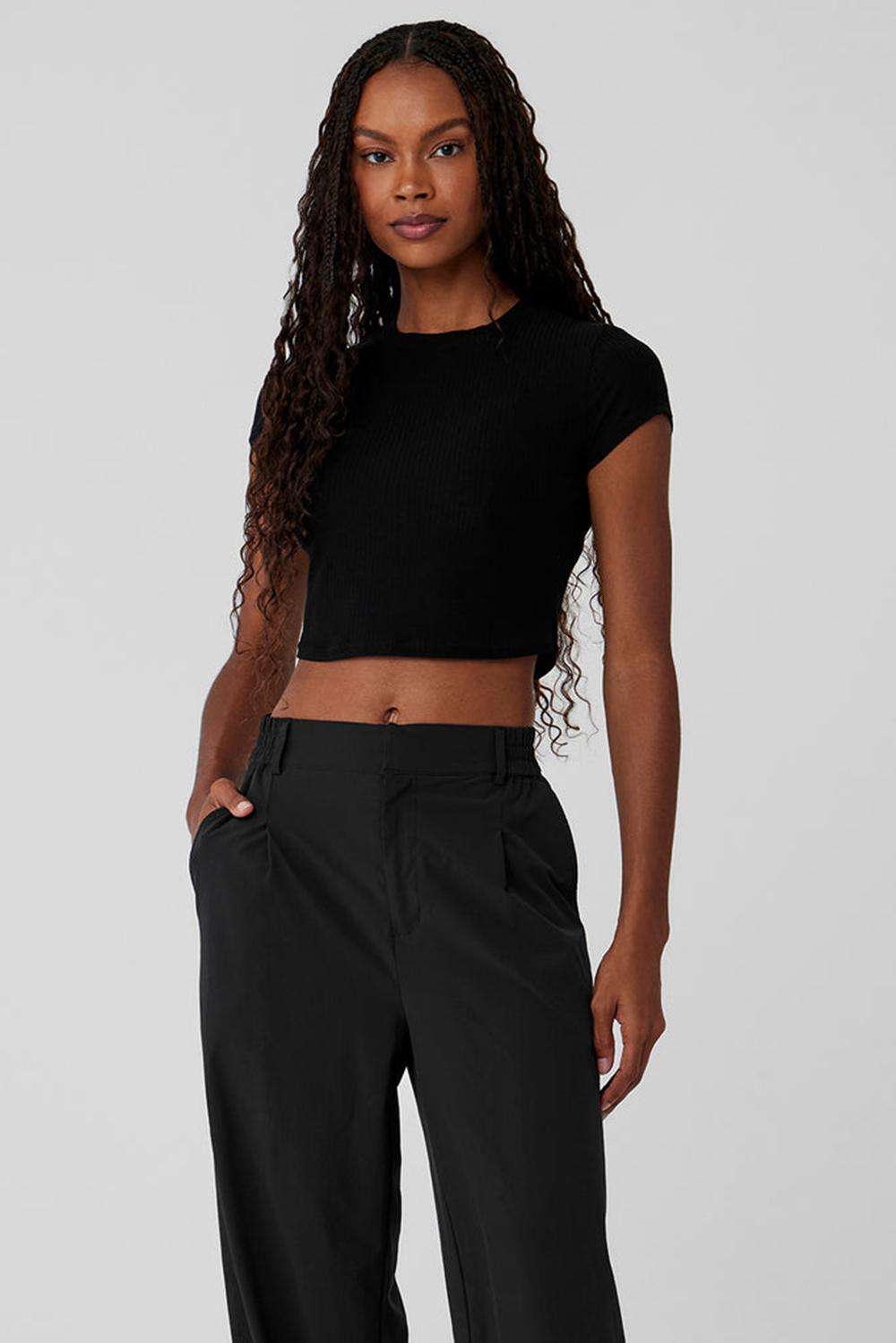 Alo Yoga Ribbed Sea Coast Cropped Sleeve Naisten Juoksupaidat Mustat | Suomi  2986-EZFYJ