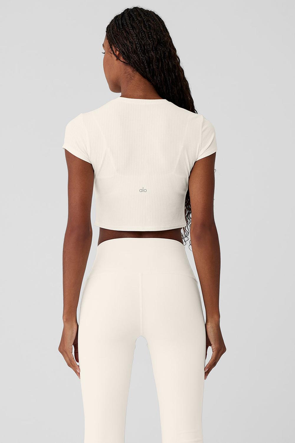 Alo Yoga Ribbed Sea Coast Cropped Sleeve Naisten Juoksupaidat Ivory | Suomi  0843-ZDKHX