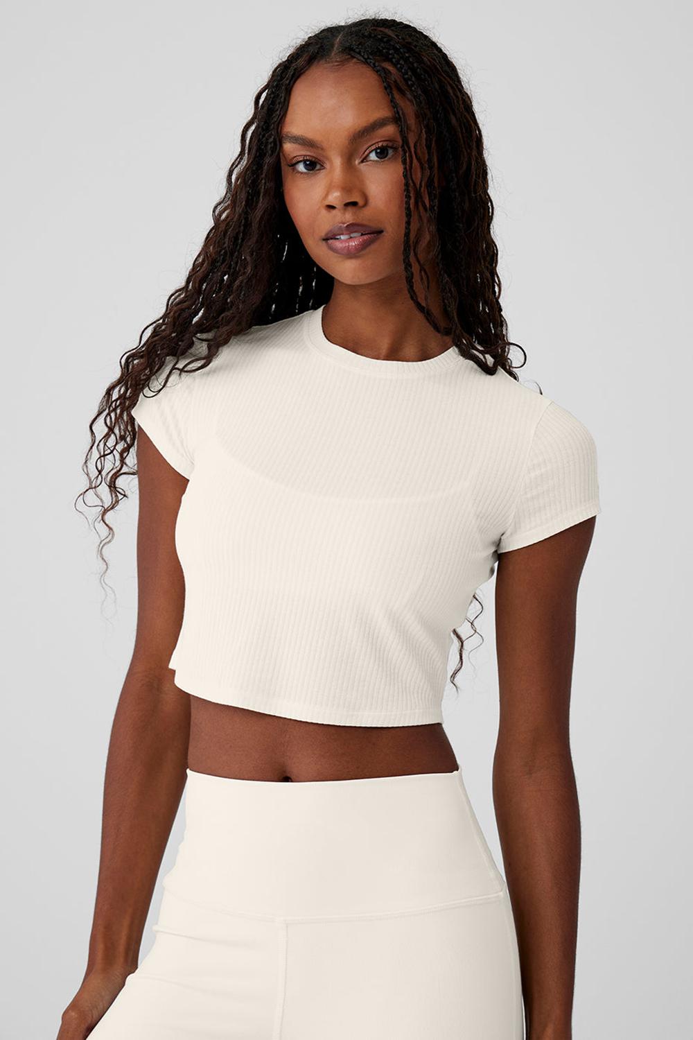 Alo Yoga Ribbed Sea Coast Cropped Sleeve Naisten Juoksupaidat Ivory | Suomi  0843-ZDKHX