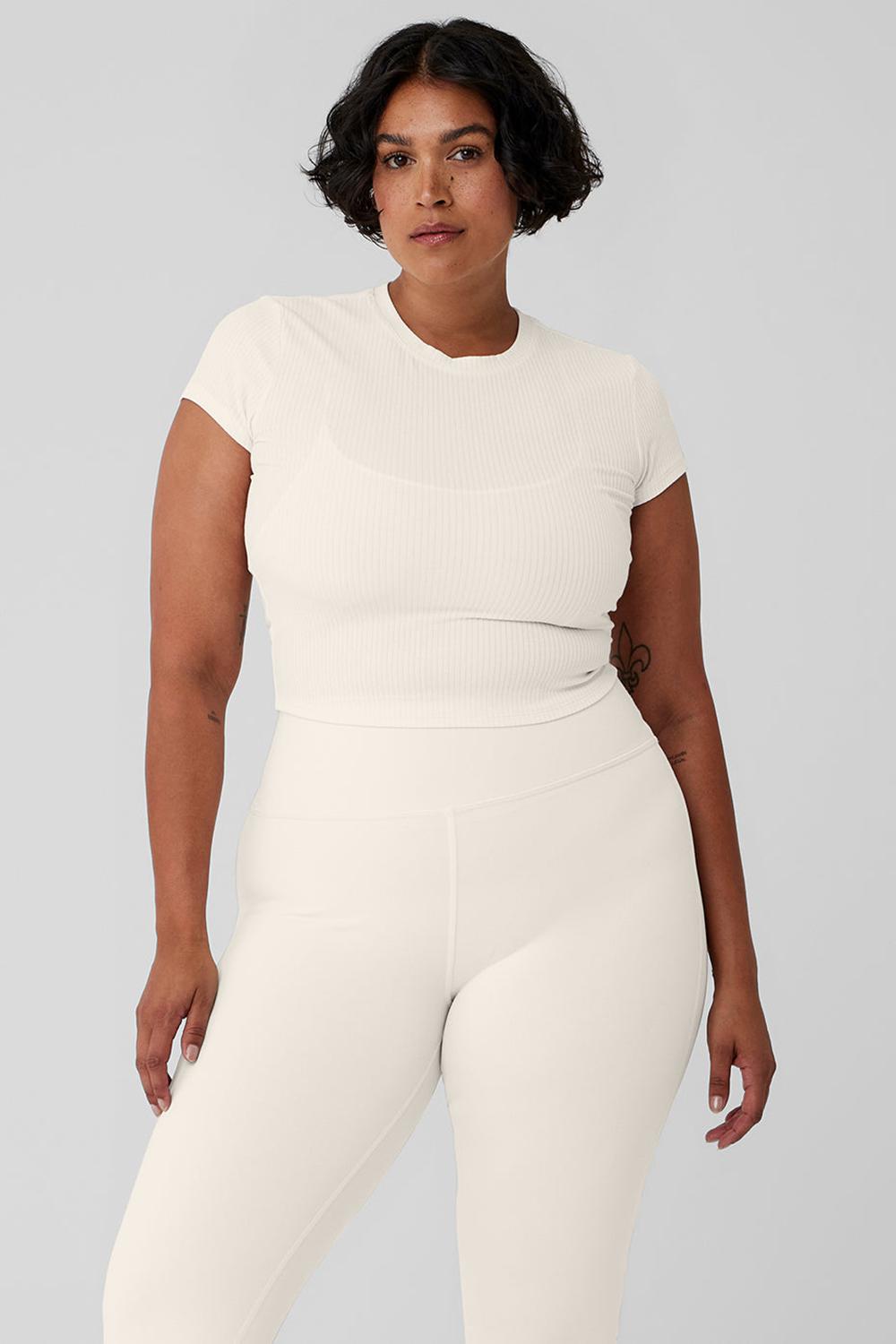 Alo Yoga Ribbed Sea Coast Cropped Sleeve Naisten Juoksupaidat Ivory | Suomi  0843-ZDKHX