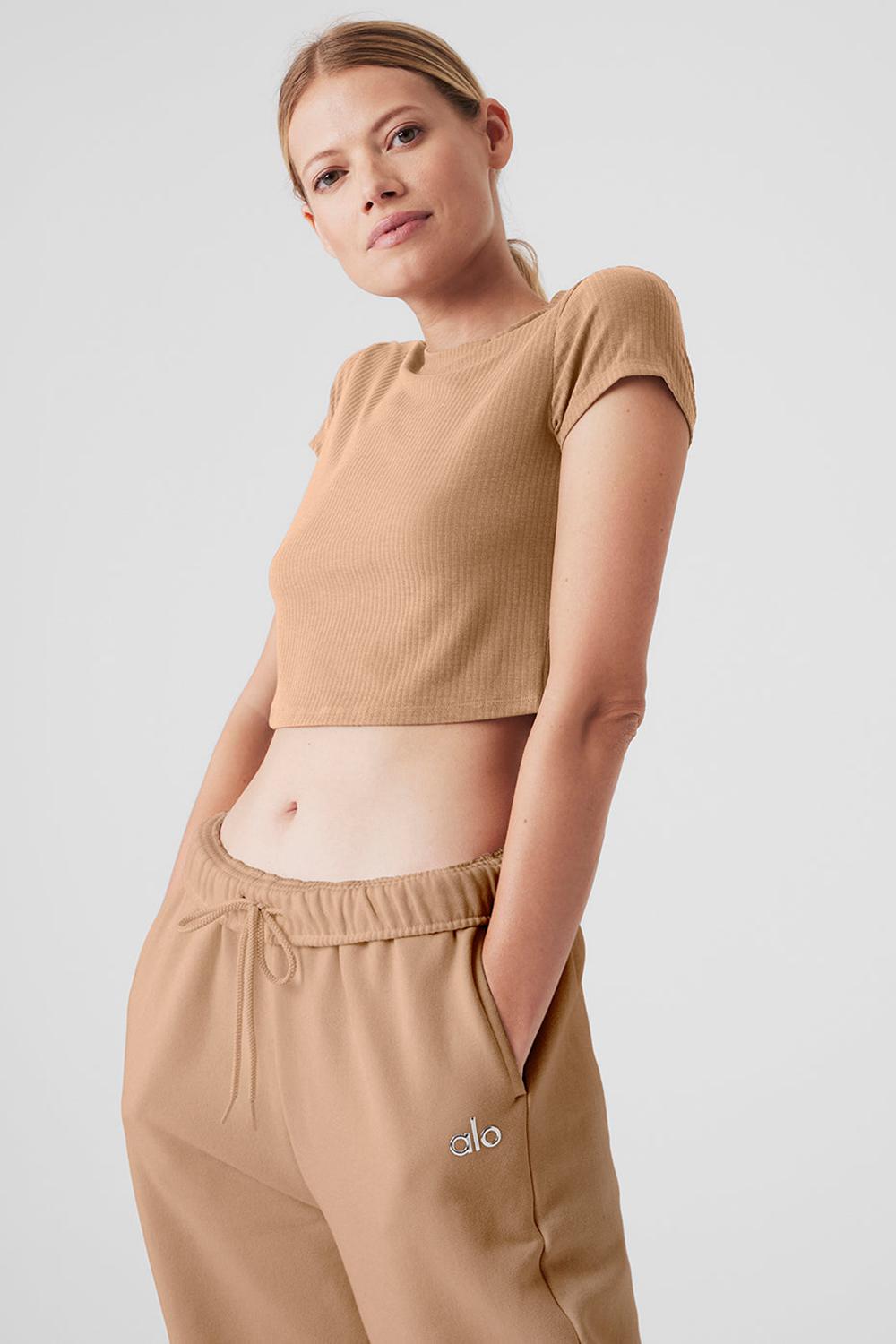 Alo Yoga Ribbed Sea Coast Cropped Sleeve Naisten Juoksupaidat Toasted Almond | Suomi  6137-LRGJE