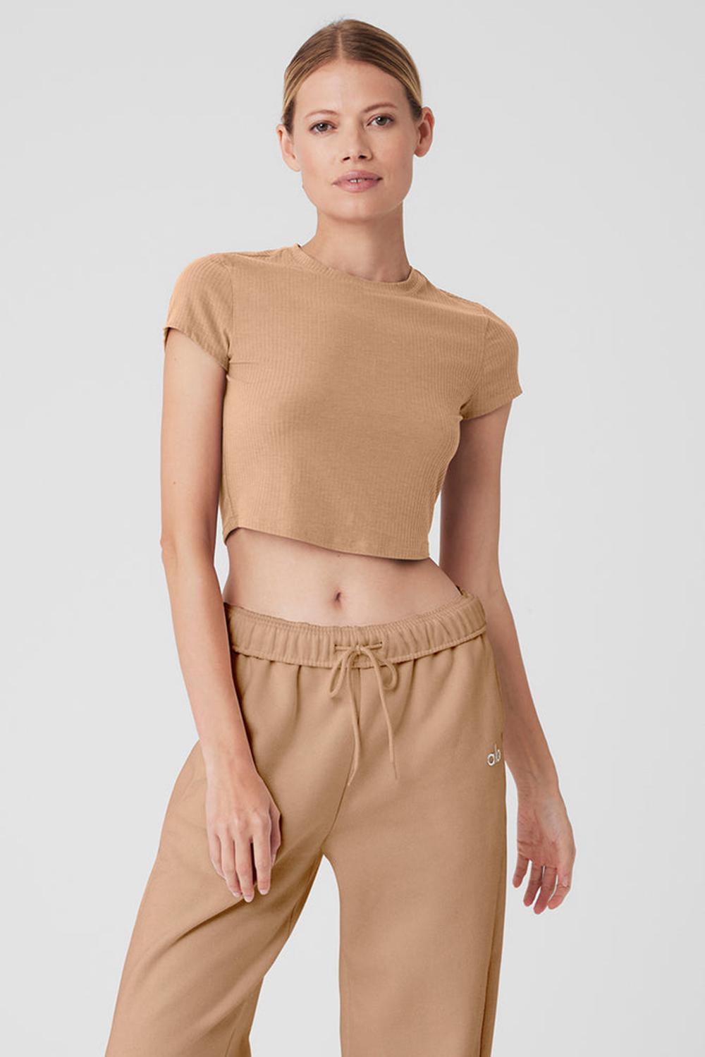 Alo Yoga Ribbed Sea Coast Cropped Sleeve Naisten Juoksupaidat Toasted Almond | Suomi  6137-LRGJE