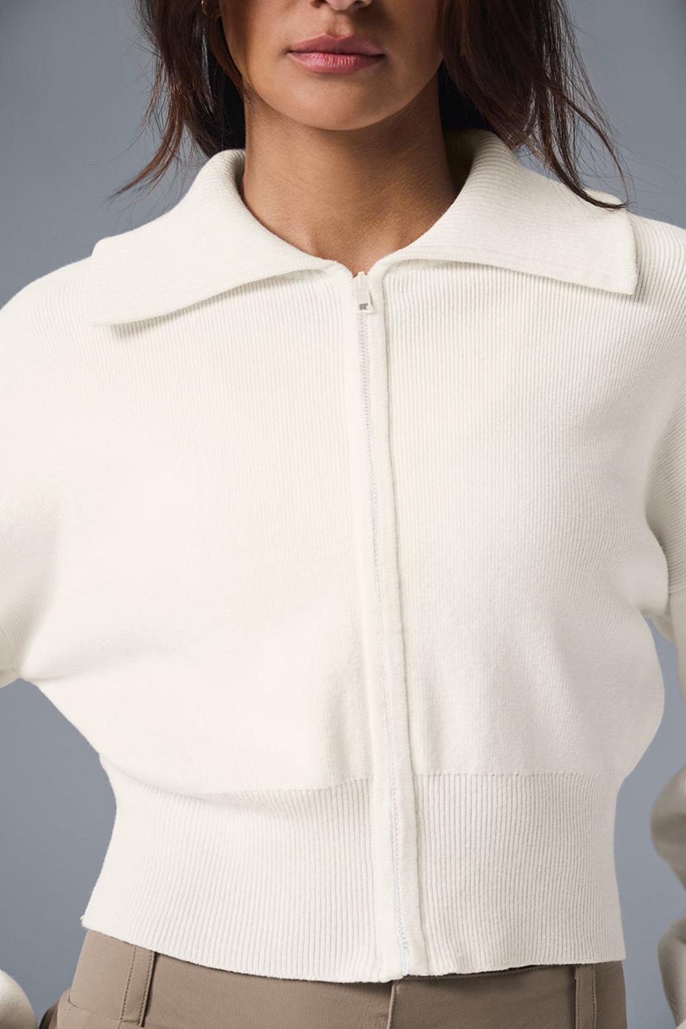 Alo Yoga Scholar Knit Cropped Full Zip Naisten Takit Ivory | Suomi  6715-YVGND