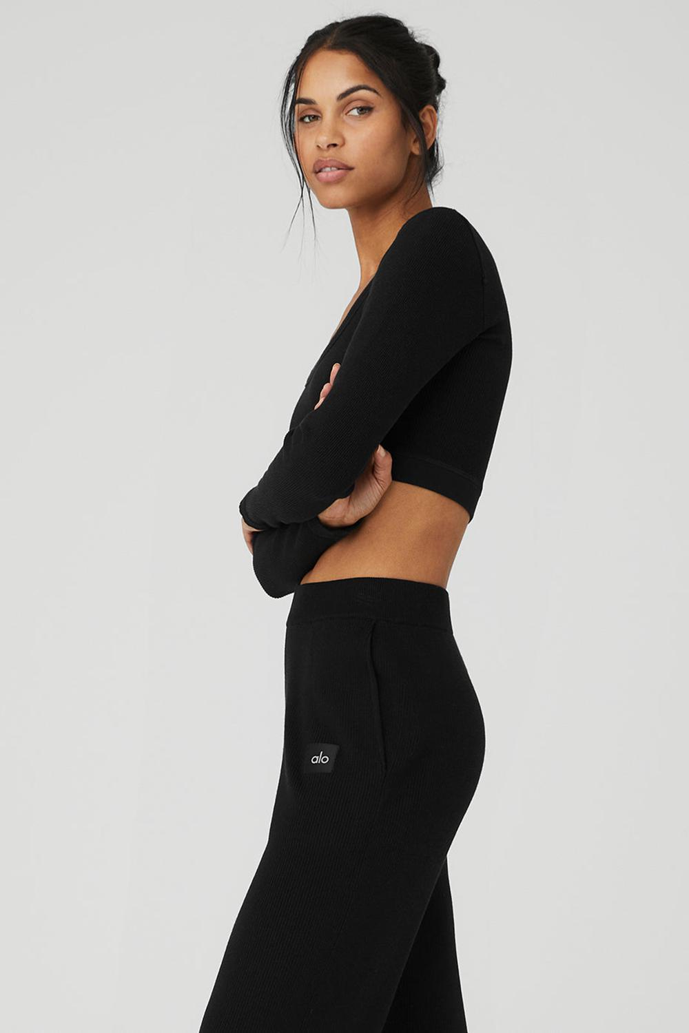 Alo Yoga Seamless Ribbed Cropped Serene Naisten Pitkähihainen Mustat | Suomi  7493-KEVYQ